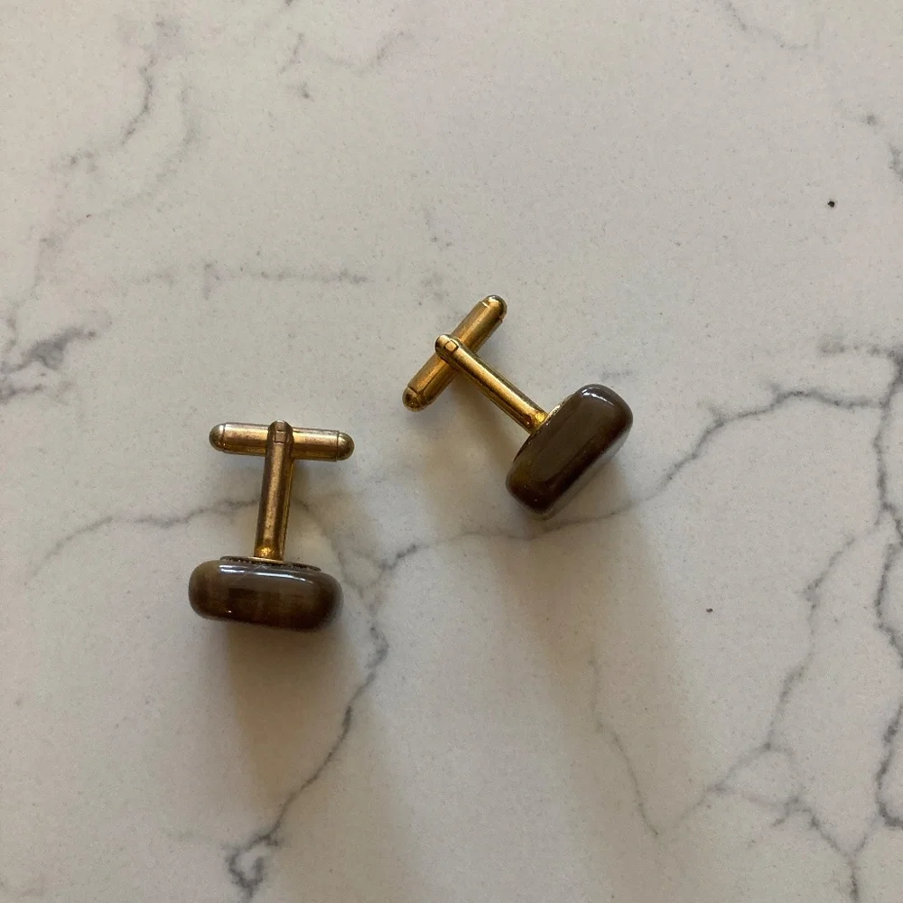 Set of Brown Polished Stone Cufflinks Goldstone Rectangle